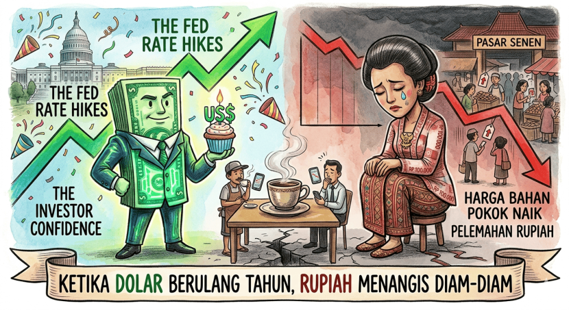 Ilustrasi Opini Dolar Berulang Tahun, Rupiah Menangis Diam-Diam (Sumber: Gemini)
