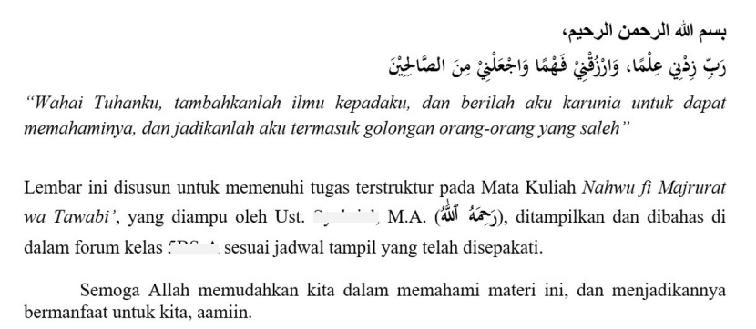 Tangkapan layar dari makalah kelompok kami pada mata kuliah Nahwu fi Majrurat wa Tawabi'.