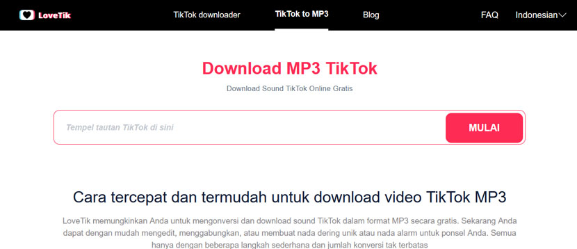 Laman download video Tiktok ke MP3 di LoveTik.