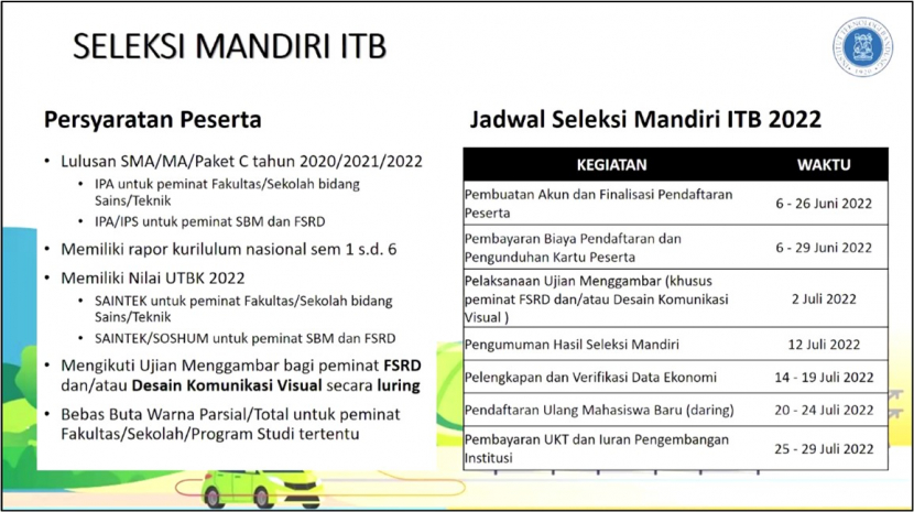 Persyaratan dan jadwal Seleksi Mandiri ITB 2022. Foto : itb.ac.id
