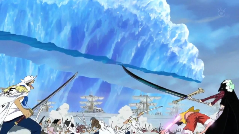 Mihawk membelah es Raksasa dengan pedangnya di pertempuran Marineford. Foto: One Piece Wiki