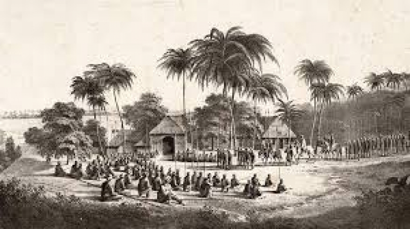 Pengeran Diponegoro naik kuda dan berserban bersama pasukannya di tepi Kali Opak ketika hendak berangkat berunding ke Magelang, selang dua hari setelah hari raya Idul Fitri 1830 M.