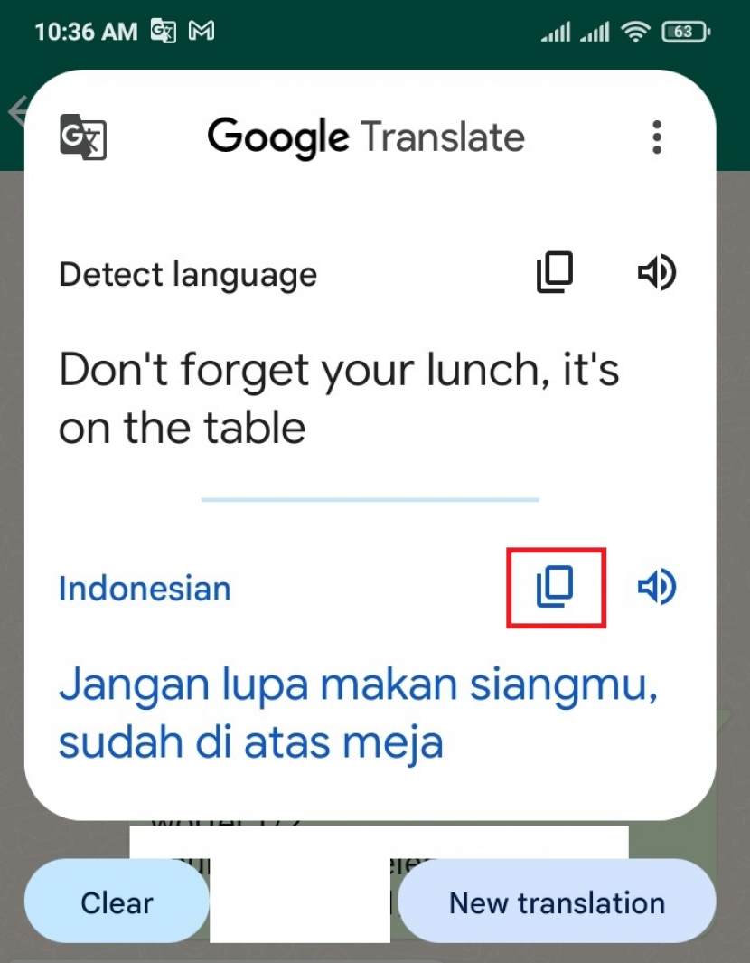 Aplikasi Whatsapp. Menggunakan Tap to Translate