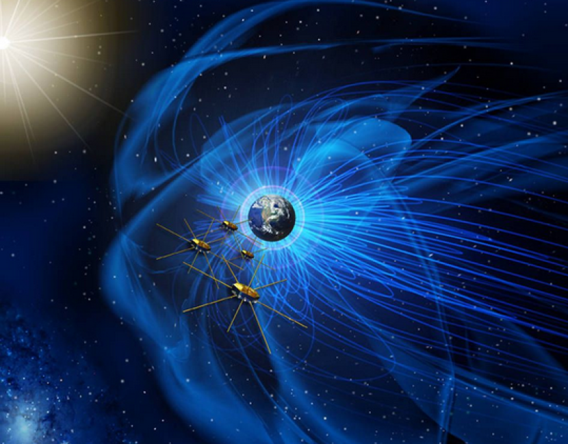 Ilustrasi misi Magnetospheric Multiscale (MMS) yang mempelajari bagaimana medan magnet melepaskan energi dalam proses yang dikenal sebagai rekoneksi magnetik. NASA merilis gambar ini pada 23 Februari 2015. Gambar: NASA