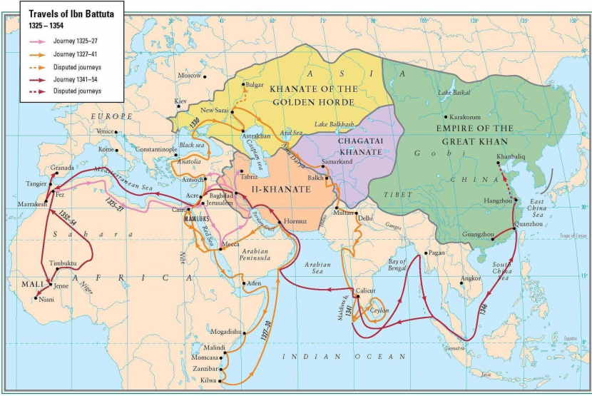 Peta perjalanan Ibn Battuta. (pinterest)
