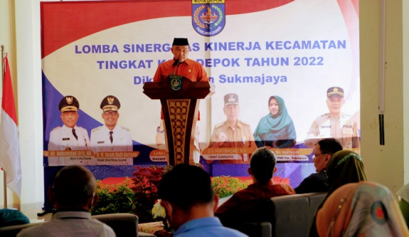 Wali Kota Depok, Mohammad Idris saat memberikan sambutan pada pembukaan Lomba Sinergitas Kinerja Kecamatan Tingkat Kota Depok Tahun 2022 di Aula Kantor Kecamatan Sukmajaya, Kota Depok, Selasa (19/07/2022). (Foto: Diskominfo Kota Depok)