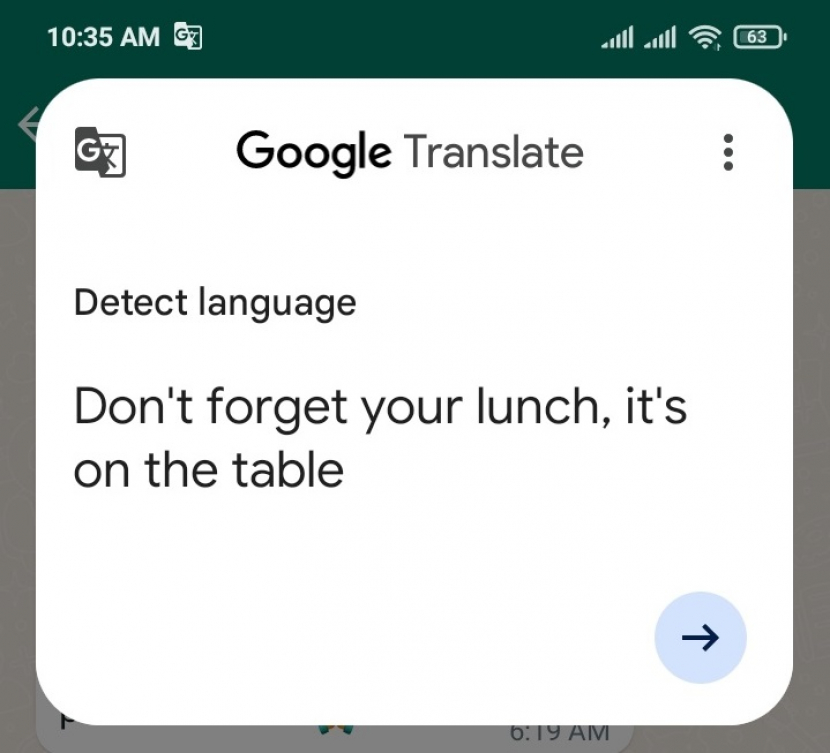 Aplikasi Whatsapp. Menggunakan Tap to Translate