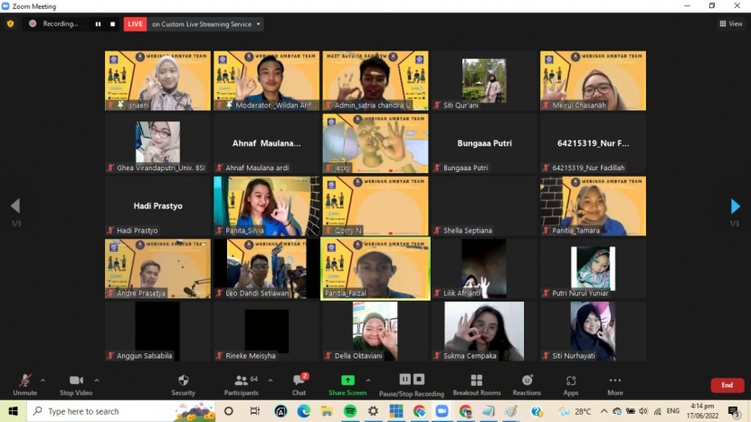 Mahasiswa Ilmu Komunikasi Universitas Bina Sarana Informatika (Universitas BSI) yang tergabung dalam Ambyar Team Official menggelar webinar dengan tema Stop Kenakalan Remaja, Wujudkan Remaja Sehat dan Produktif, Jumat (17/06/22).