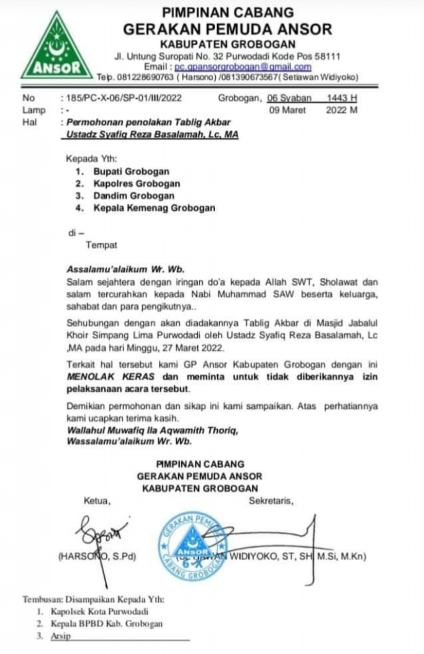  Surat penolakan dari GP Ansor terhadap rencana Tabligh Akbar yang akan mendatangkan Ustadz Syafiq Basalamah. Foto: Tangkapan Layar.