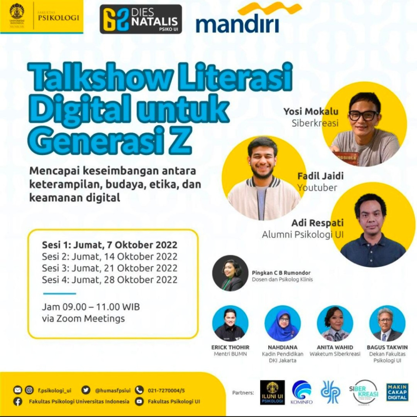 Talkshow Literasi Digital untuk Generasi Z dalam acara Dies Natalis ke-62 Fakultas Psikologi (F. Psi) Universitas Indonesia (UI).