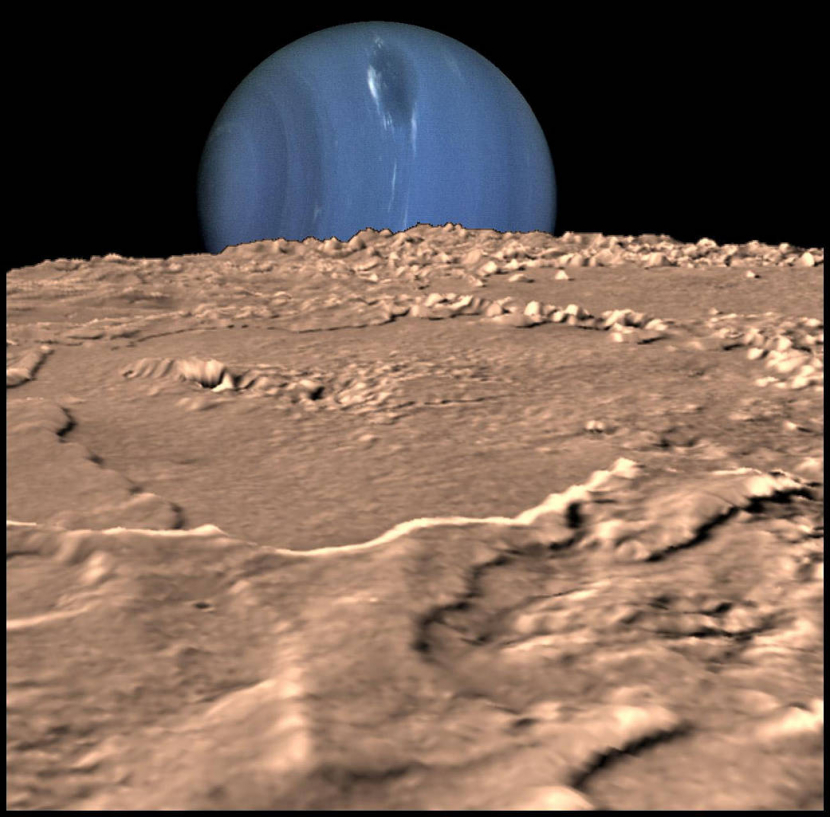 Ilustrasi planet Neptunus yang terlihat dari bulannya, Triton. Tampilan tiga dimensi ini dibuat menggunakan gambar dari pesawat ruang angkasa Voyager. Gambar: NASA
