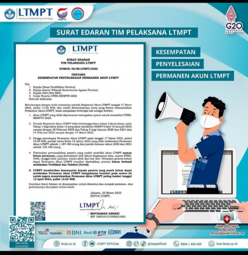 Lembaga Tes Masuk Perguruan Tinggi (LTMPT) memperpanjang  waktu  Permanen Akun LTMPT. bagi peserta yang masih mengalami kendala.  Foto : ltmpt