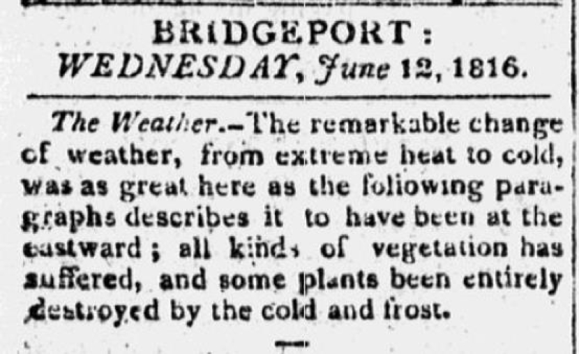 Liputan media Republican Farmer pada 12 Juni 1816 mengenai dampak letusan Gunung Tambora pada 1815 yang mengubah iklim dunia. Sumber: Connecticut History