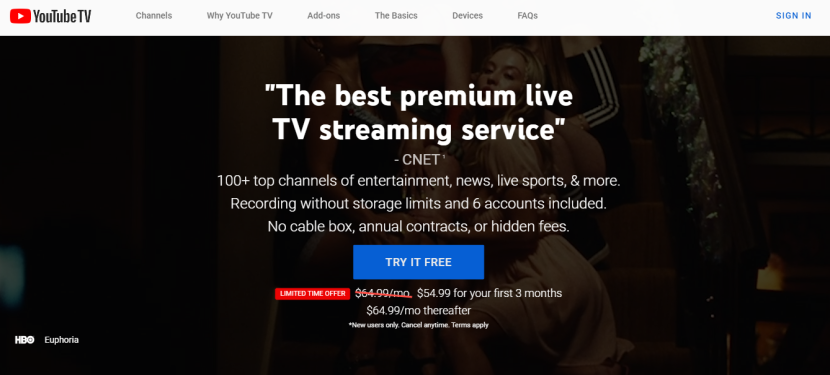 tv.youtube.com. Platform live streaming premium dari Youtube. Foto: Tangkapan layar