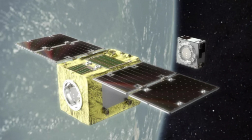 Ilustrasi misi ELSA-d Astroscale, yang pada Agustus 2021 dirilis dan berhasil menangkap potongan eksperimental sampah luar angkasa untuk pertama kalinya. Gambar: Astroscale