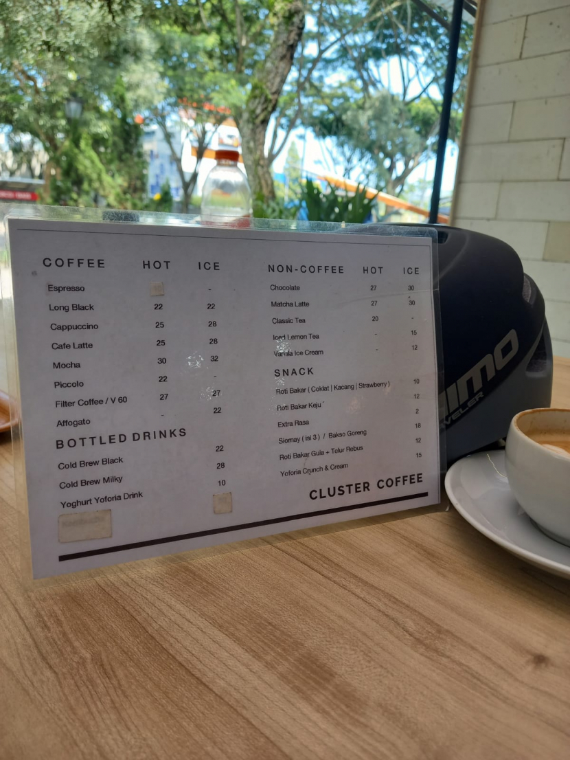 Dafftar menu dan harga makanan dan minuman di Cluster Coffee KBP Bandung
