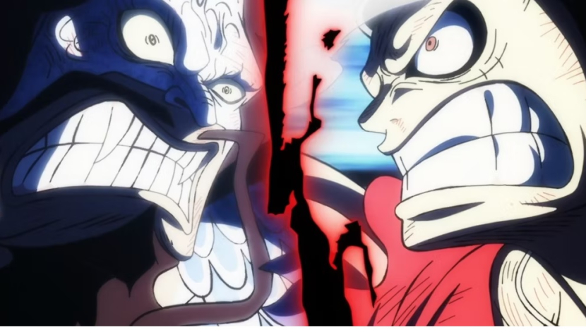 Ilustrasi Kaido Vs Luffy bertarung habis-habisan. 