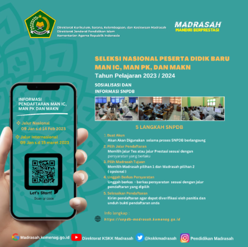 Seleksi Nasional Peserta Didik Baru (SNPDB) Madrasah Unggulan dibuka mulai 11 Januari 2023. Foto : pendis.kemenag