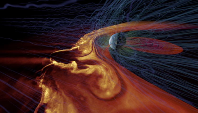 Visualisasi komputer tentang angin matahari berinteraksi dengan medan magnet bumi selama badai matahari yang kuat. Gangguan serupa di sistem bintang yang jauh mungkin memancarkan sinyal radio yang aneh. Gambar: Lab Visualisasi Lanjutan, Pusat Nasional untuk Aplikasi Superkomputer, Universitas Illinois di Urbana-Champaign