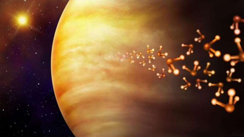 Ilustrasi planet Venus dan molekul fosfin, terdiri dari satu fosfor dan tiga atom hidrogen. Fosfin dianggap sebagai bioindikator, yaitu kemungkinan indikator aktivitas biologis. Kredit: Danielle Futselaar
