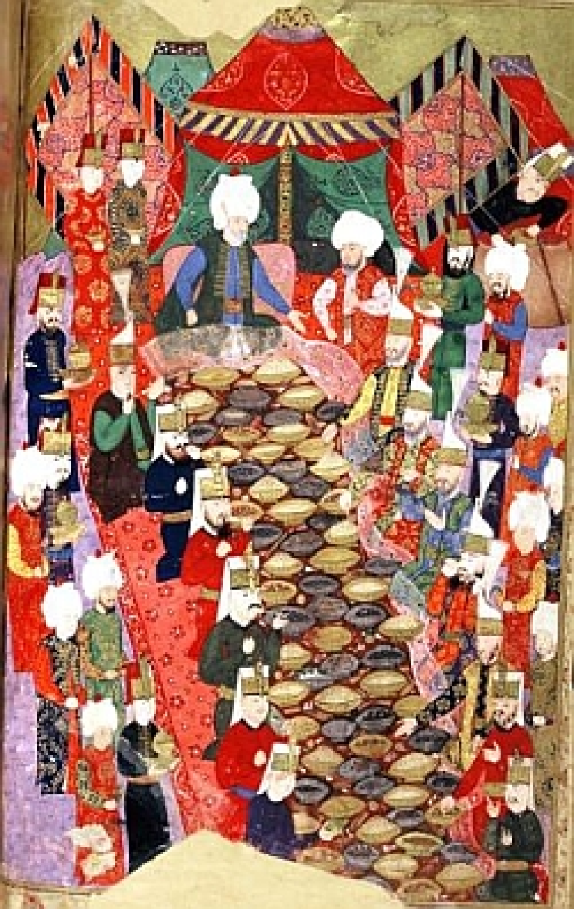 Buka puasa bersama di Istanbul di masa Ottoman. Lihak semua gembira menyantap aneka makanan.