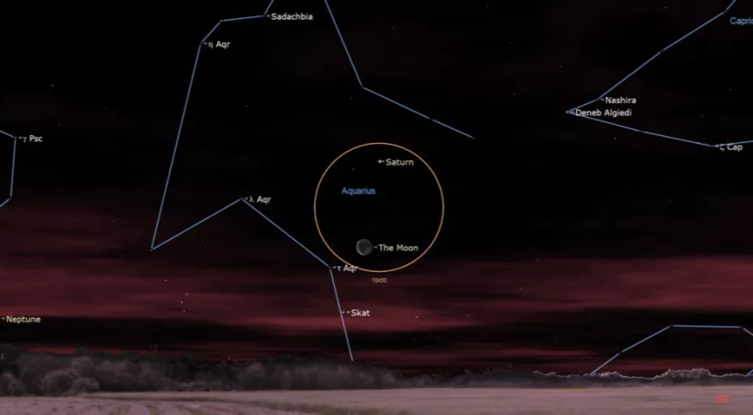 Ilustrasi langit malam pada tanggal 16 April dini hari menunjukkan bulan dan Saturnus dalam jarak dekat. Gambar: Chris Vaughan Starry Night