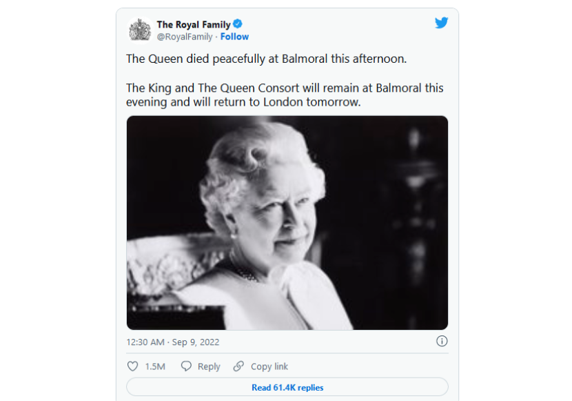 Ratu Elizabeth II meninggal dunia. Istana Buckhingham lewat akun Twitter, @TheRoyalFamily mengabarkan<a href=