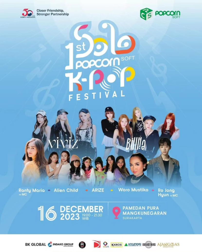 Solo 1st Popcorn Soft K-Pop Concert Project Festival akan digelar di Solo, Jawa Tengah, pada 16 Desember 2023. (Foto Poster Solo 1st Popcorn Soft K-Pop Concert Project Festival)