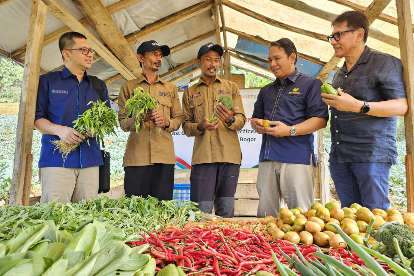 Petani binaan Astra melalui Yayasan Dharma Bhakti Astra (YDBA) dan Pusat Investasi Pemerintah (PIP) di Sukawangi Bogor menunjukkan produk hortikultura hasil budidaya organik kepada Ketua Pengurus YDBA Rahmat Samulo (kanan), Direktur PIP Muhammad Yusuf (kedua kanan) dan EVP Corporate Secretary & Communication PT Penjaminan Infrastruktur Indonesia (Persero) (PII) Yunan Novaris (kiri) di tengah kegiatan Penyerahan Sertifikat Good Agriculture Practices (GAP) kepada petani binaan Astra melalui YDBA dan PIP  di Sukawangi Bogor (10/07). 