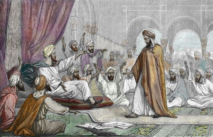 Ibnu Rushd dan para filsuf Islam sedang melakukan perdebatan. (ilustrasi).
