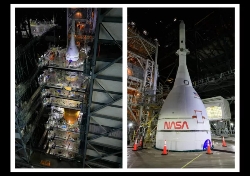 Tim menarik dua dari 20 platform di sekitar roket Space Launch System (kiri) dan pesawat ruang angkasa Orion (kanan) untuk misi Artemis 1. Persiapan sedang berlangsung di Vehicle Assembly Building di NASA's Kennedy Space Center di Florida. Gambar: NASA/Kim Shiflett 