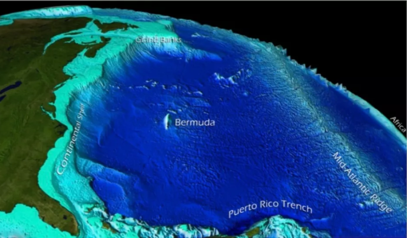 Ilustrasi yang menggambarkan fitur batimetri dari Cekungan Samudra Atlantik barat, termasuk landas kontinen yang dipotret oleh satelit. Gambar: Layanan Informasi dan Satelit Lingkungan Nasional NOAA