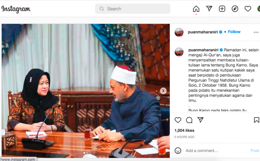Puan Maharani mengunggah foto saat bertemu Grand Syekh Al-Azhar, Prof. Dr. Ahmad Mohamed Tayeb di Kairo, Mesir, dalam akun instagramnya.