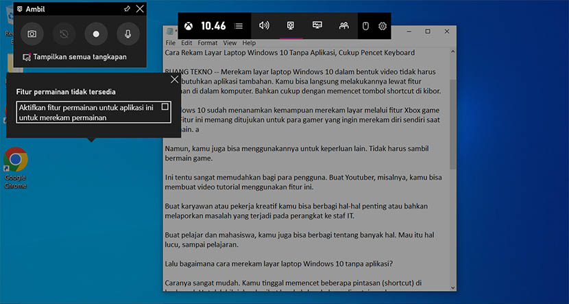Tampilan menu rekam di laptop Windows 10.