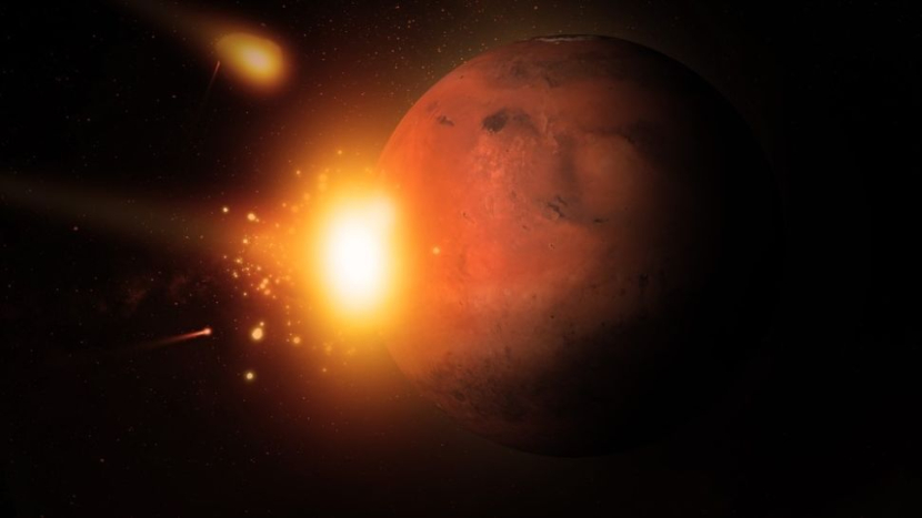 ilustrasi asteroid menabrak planet Mars.