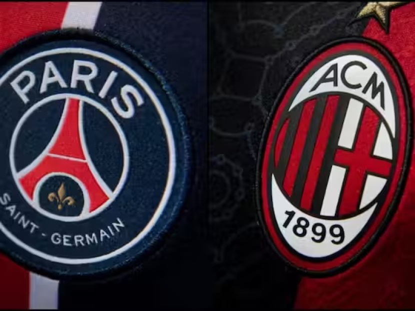 Logo Paris Saint Germain (kiri), AC Milan (kanan). Foto: Onefootball