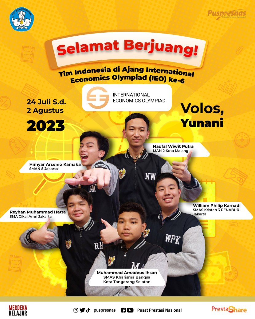 Indonesia diwakili lima siswa di ajang International Economics Olympiad (IEO) 2023 yang digelar di Volos, Yunani, 24 Juli sampai 2 Agustus 2023.  Foto : puspresna