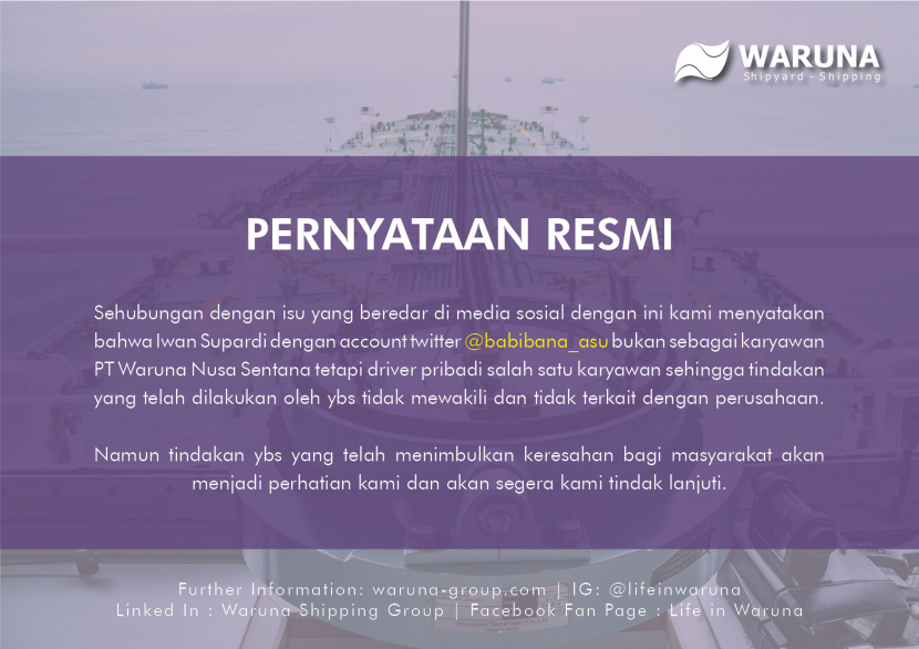Pernyataan PT Waruna Nusa Sentana tentang karyawanya bernama Iwan Supardi.