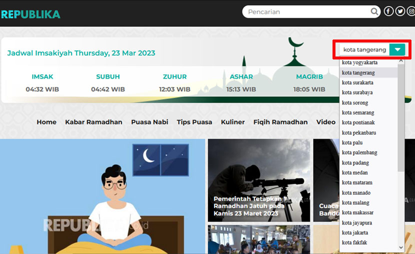 Screenshot pilih kota di ramadhan.republika.co.id