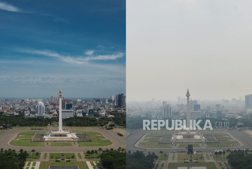 Foto kiri kondisi langit Jakarta pada tanggal 12 Desember 2020, foto kanan kondisi langit Jakarta dilihat dari Gedung Perpustakaan Nasional, Senin (14/8/2023). Dok Republika/Thoudy Badai
