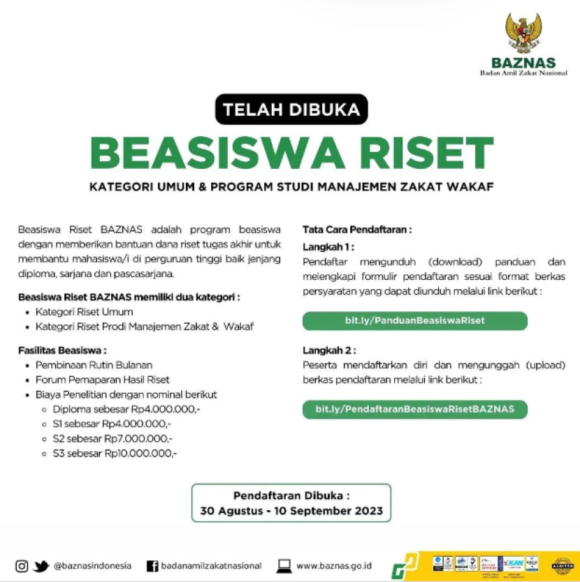 BAZNAS) membuka pendaftaran Beasiswa Riset BAZNAS 30 Agustus sampai 10 September 2023. Foto : ig @baznasindonesia