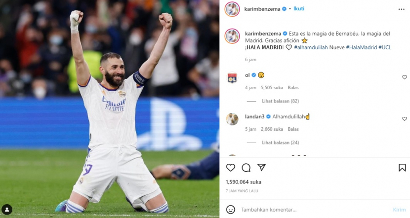 Karim Benzema memposting kegembiraannya di akun medsosnya usai membawa Real Madrid mengalahkan PSG di babak 16 besar Liga Champions. (Twitter/@KarimBenzema)