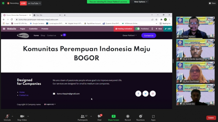 Bertepatan  dengan peringatan Hari Perempuan Internasional, dosen Universitas Bina Sarana Informatika (UBSI) melaksanakan kegiatan Pengabdian Masyarakat dalam bentuk pelatihan teknologi informasi  kepada komunitas perempuan secara online di Bogor, Selasa (08/03/22). Foto : Dok