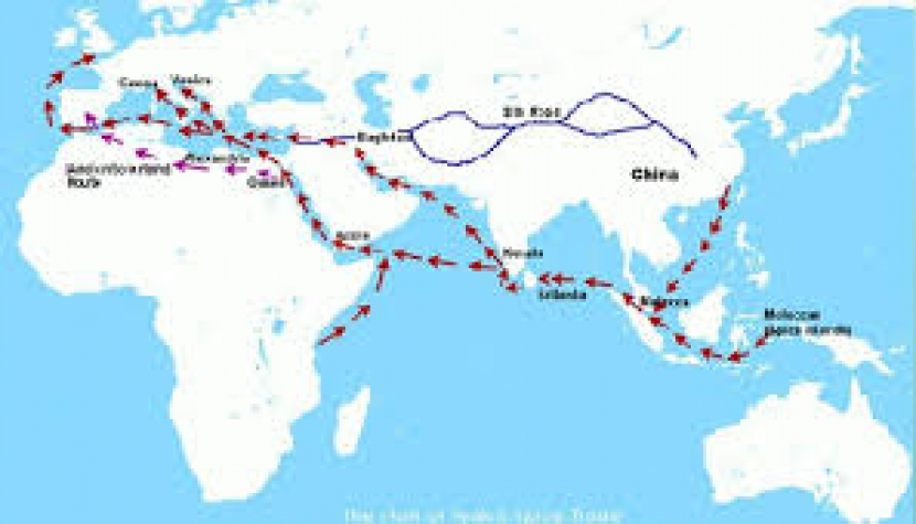 Peta interkoneksi jalur perdagangan rempah Nusantara di masa lalu.