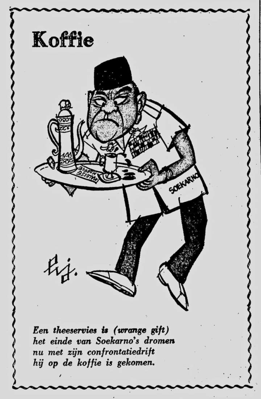 Karikatur Sukarno mengenai hadiah alat minum kopi untuk Putri Beatrix di koran Belanda pada 1966. Hari Kopi Nasional diperingati hari ini, 11 Maret 2023 (repro: het vrije volk)..
