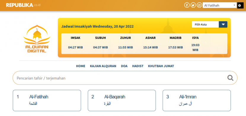 Alquran Digital Republika. Umat Islam, khususnya warga Jakarta, diajak untuk serentak membaca Alquran hari ini, Rabu (20/4/2022) pukul 10.00 WIB.