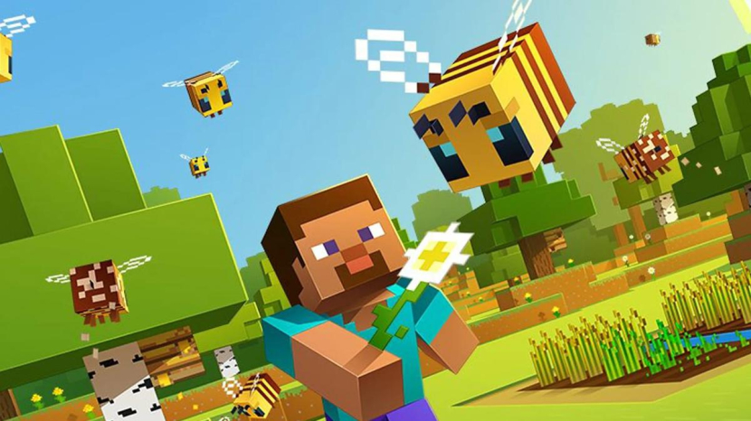 Tokoh Monecraft Steve sedang bermain dengan lebah. Update Minecraft beta 1.19.20.22 ini dikhususkan untuk versi Bedrock Edition. Foto: Mojang Studio