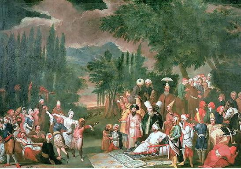 Lukisan “Pesta Berburu Turki dengan Sultan Ahmed III” oleh Jean Baptiste Vanmour. Seperti kebanyakan bangsawan Eropa lainnya, Sultan Ottoman suka berburu untuk menghibur hati dan mengisi waktu luang.