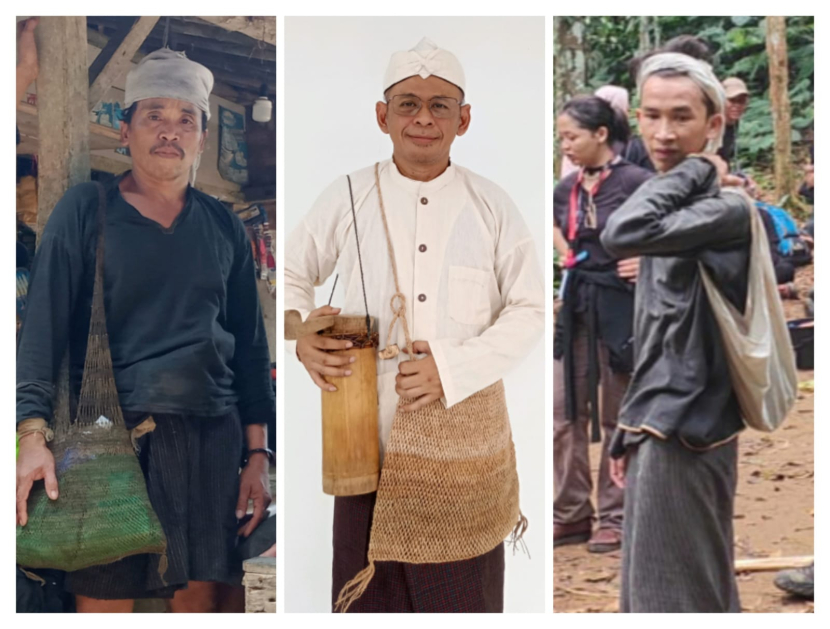 Tas Baduy. Dari kiri ke kanan: Jarok, koja, dan gandongan. Untuk perbedaan jarok dan koja, perbedaannya ada pada tali selempangnya. Untuk gandongan, berupa kain segiempat, tanpa dijahit, diikat ujung-ujung dijadikan tas.