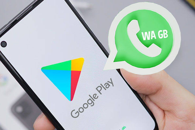 Logo Google Play dan Whatsapp GB di HP. Ilustras